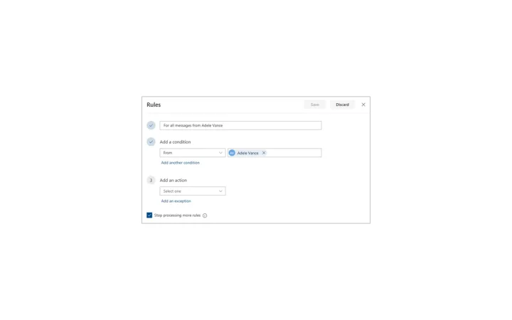 Tela de criação de regra no Outlook, com condição e ação