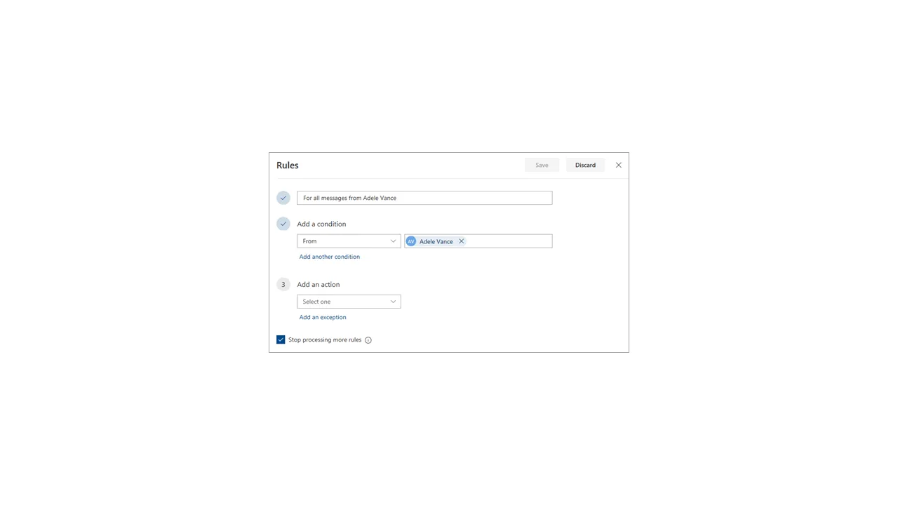 Tela de criação de regra no Outlook, com condição e ação