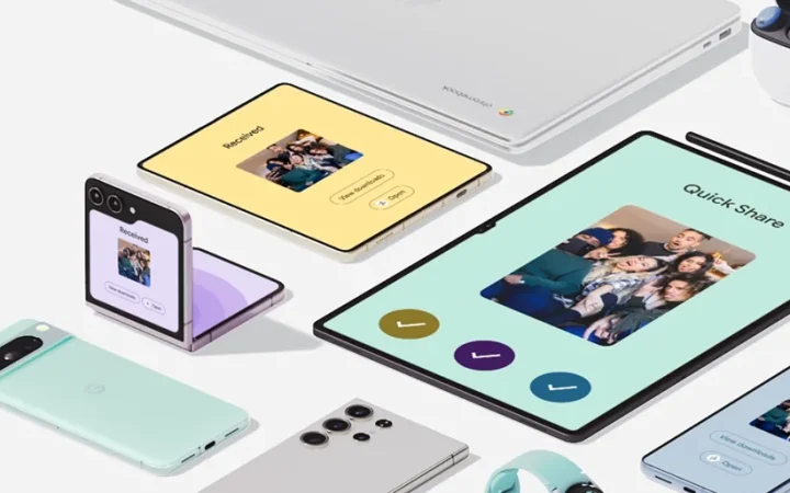 Quick Share exibido em celulares, tablet e computador para compartilhar arquivos entre dispositivos