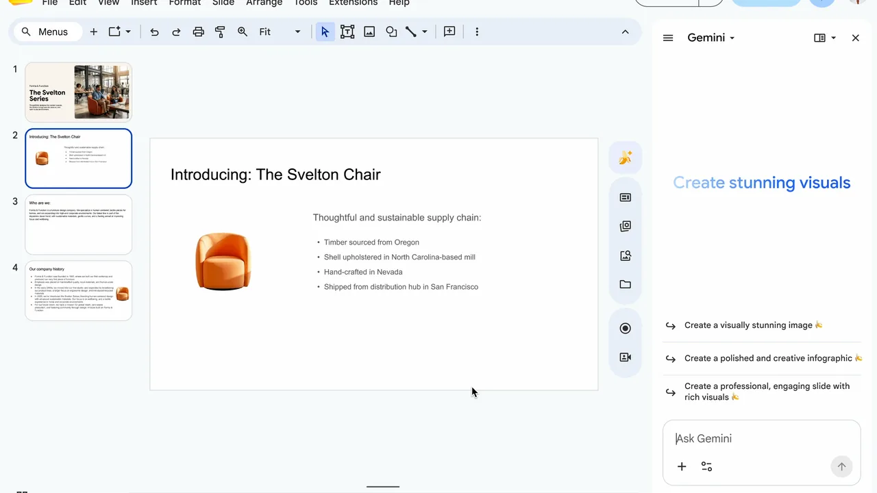 Google Slides aberto com o painel do Gemini ao lado de uma apresentação