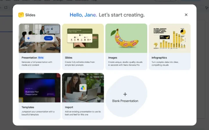 Gemini no Google Slides mostra opções para criar uma apresentação