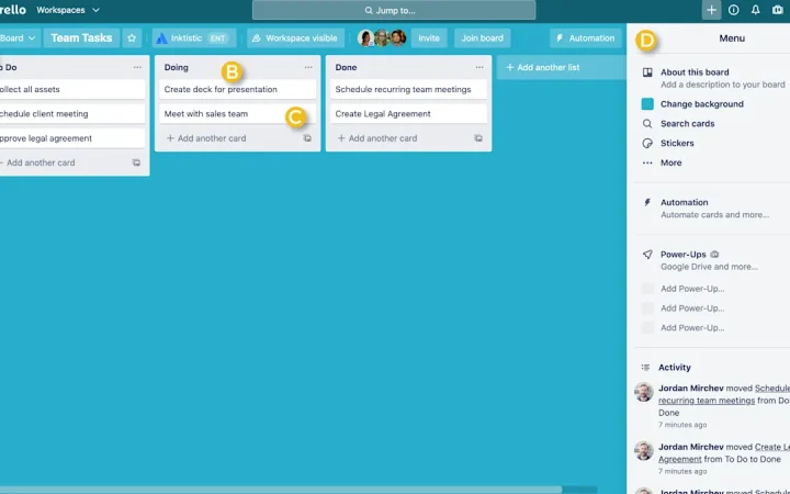 Quadro do Trello com listas de tarefas e menu de automação aberto.