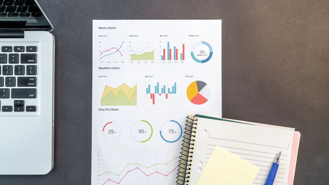 Notebook e gráficos impressos sobre uma mesa de trabalho
