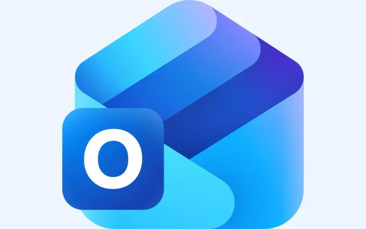 Ícone oficial do Microsoft Outlook sobre fundo azul-claro